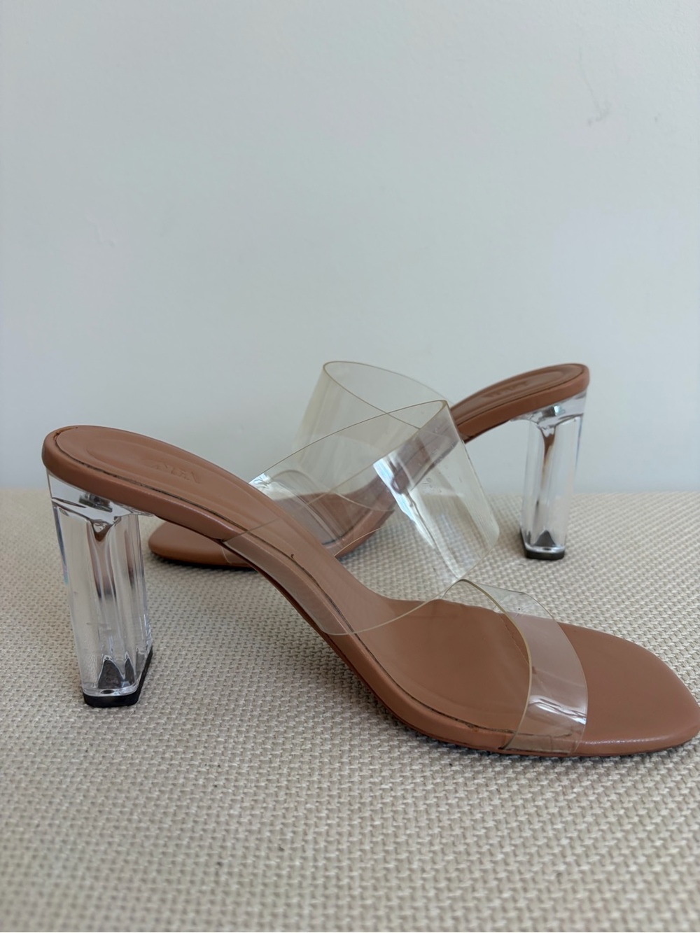Zara Tan Leather-Look Sandals with Clear PVC Straps and Lucite Block Heels
